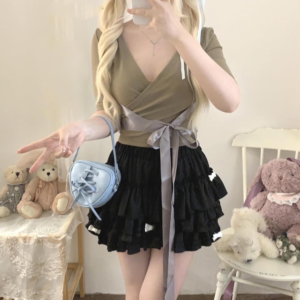 XHSUKADO Tiered Mini Skirt with Inner Ruffles and a Sickly Skirt for and Winter Free Women's 3-Layer Pants, Ribbons, Mass-Produced Style, Cute,