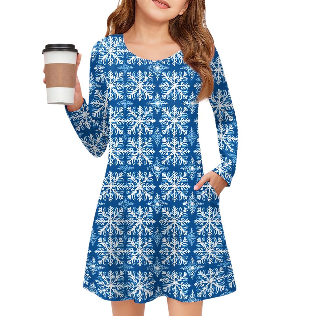 Christmas Day Girls' Long Sleeve Dress - Color Pocket Dress