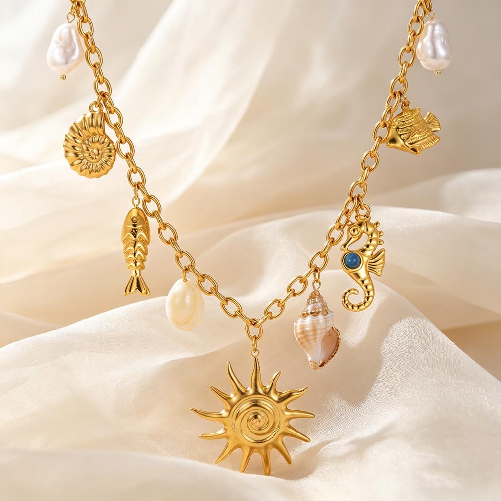 Summer Ocean Series Conch Shell Seahorse Fish Sun Necklace for Women, 18K Gold Plated Stainless Steel Charm Jewelry Gifts