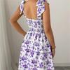 Strap Top Floral Dress Women A-line Sleeveless Lace Up Pleated Hem Spring Summer S-XL