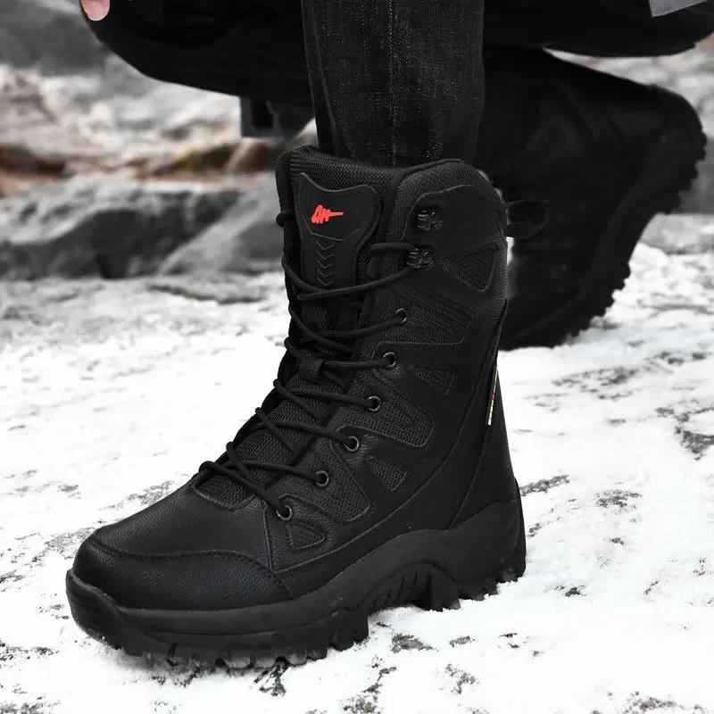 Winter Leather Women Boots Plush Warm Couple Snow Boots Lace Up Waterproof Women Ankle Boots Outdoor Work Shoes Botines Female