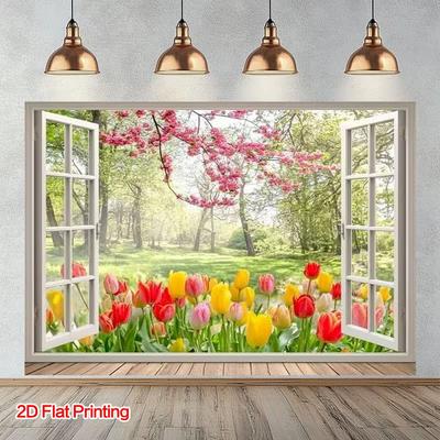 2D Spring Forest View Through Window Photo Booth Background