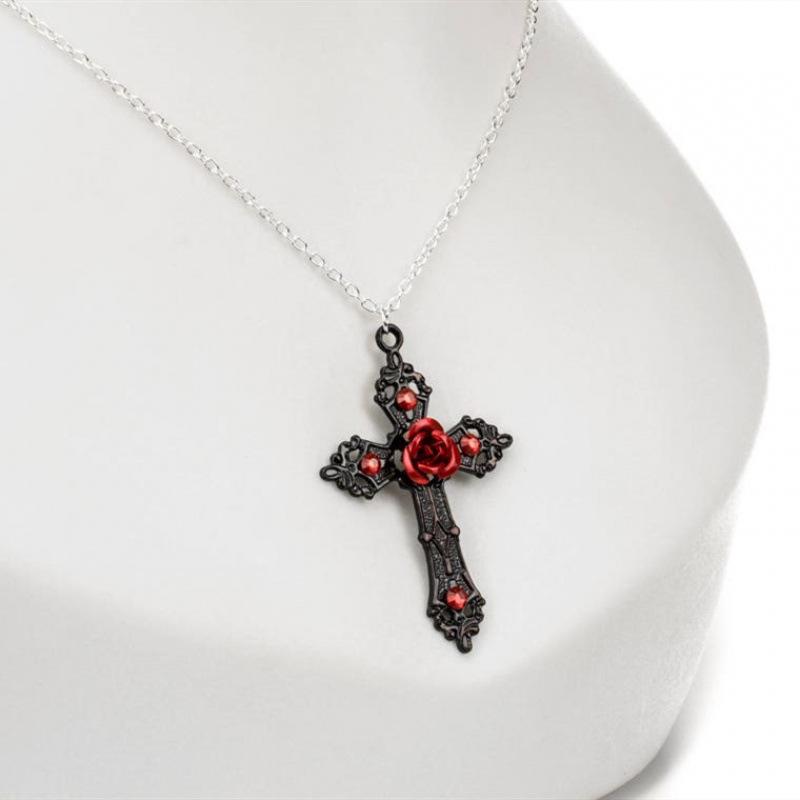 Popular Gothic Victorian Black Cross Necklace with Enamel Rose and Crystals