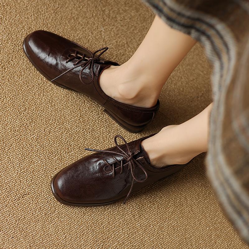 Mote 2025 Ny Vår Ekte Skinn Damesko Rund Tå Pumps Sko for Kvinner Loafers Damesko Retro Oxford
