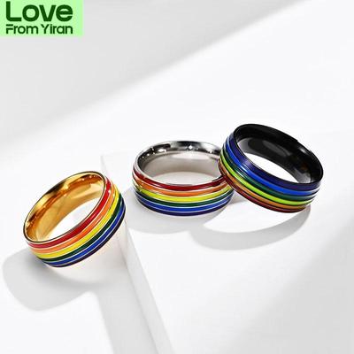 Voguish Fashionable Multicolor Rainbow Rings Men Lgbt Lebian Gay Jewelry Stainless Women Steel Enamel Bridal Wedding Occasion Engagement Rings Present