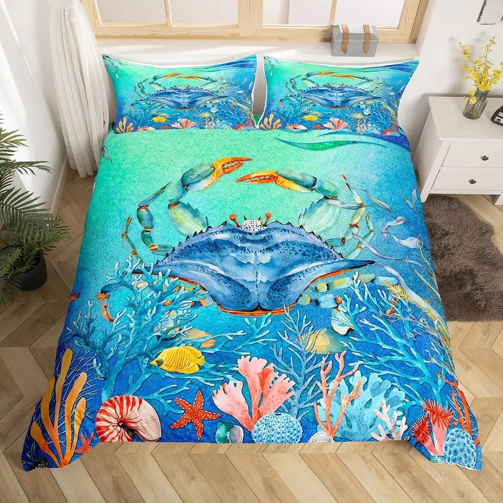 3D Octopus Sea Turtle Duvet Cover Retro Sailboat Crab Reptile Bedding Set Marine Mediterranean Style Jellyfish Comforter Cover