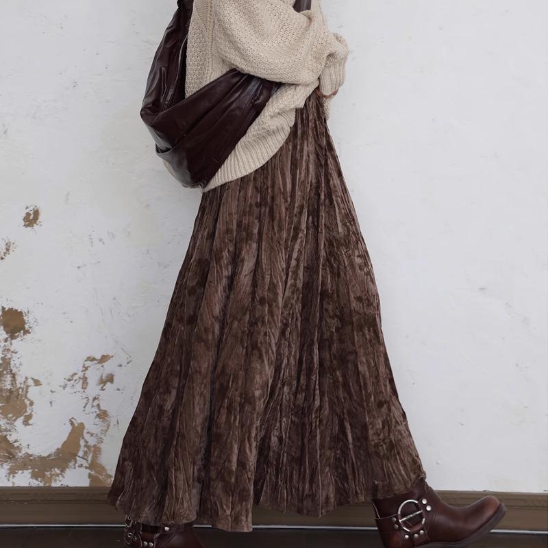 French Retro Pleated Velvet A-Line High Waist Skirt for Women - Spring/Autumn
