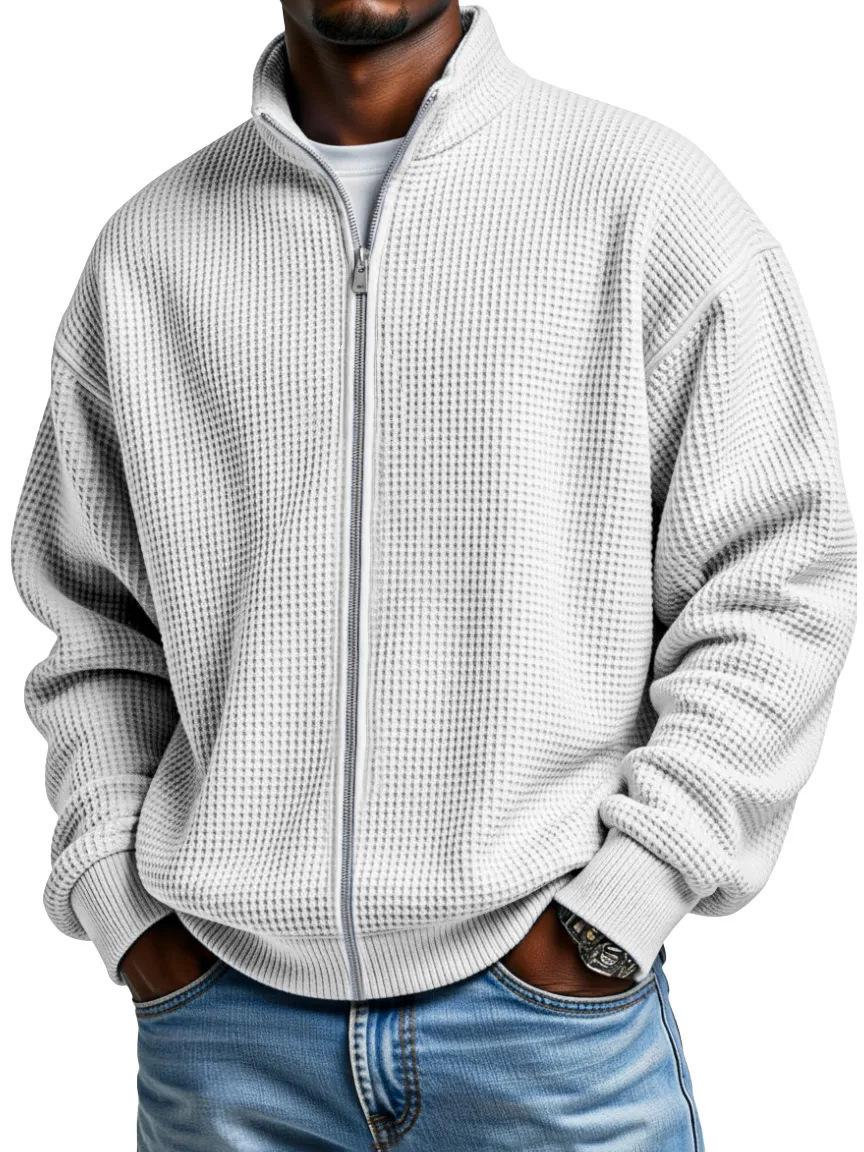 

Men s Vintage American Fashion Solid Waffle Knit Zipper Jacket with Stand Collar 4XL