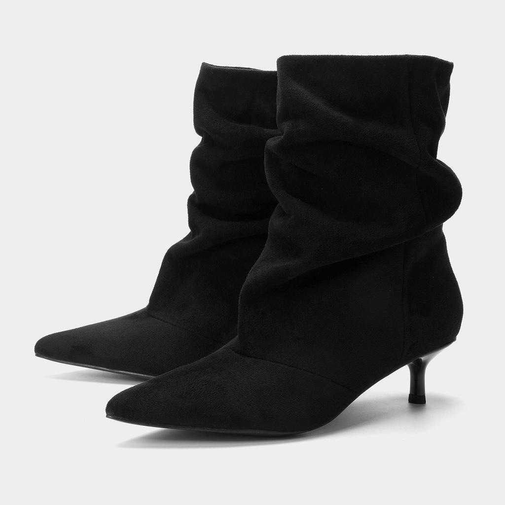 Große Größe Herbst und Winter Spitze Wildleder Stiletto Absatz Stiefel Umgeschlagene Westernstiefel Hoher Absatz Mittlere Stiefel Damen