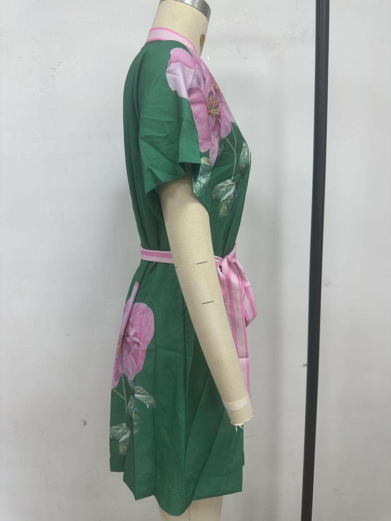Summer Cross-Border Women's Casual Print Tie-Up Dress