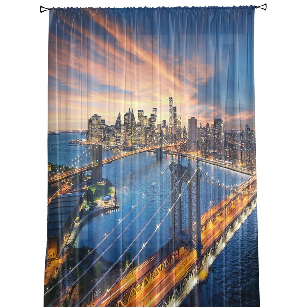 Urban Bridge Brooklyn Sonnenuntergang Stadt Gebäude Tüll Transparente Fenstervorhänge für Wohnzimmer Schlafzimmer Voile Organza Vorhänge Drapierungen