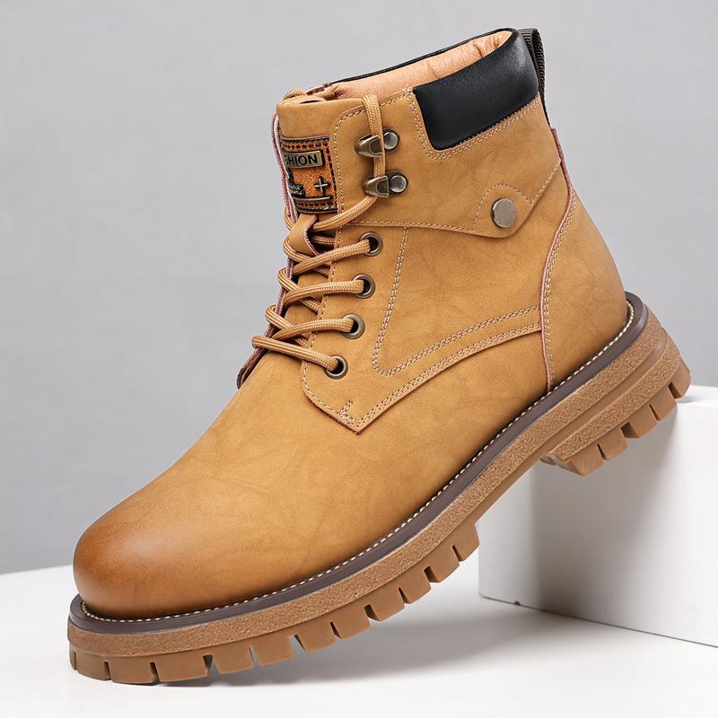 Fashion Classic Mens Leather High Top Shoes Fashion Outdoor Motorcycle Boots Lace Up Non-Slip Ankle Boots Winter Plush Snow Boots Botas