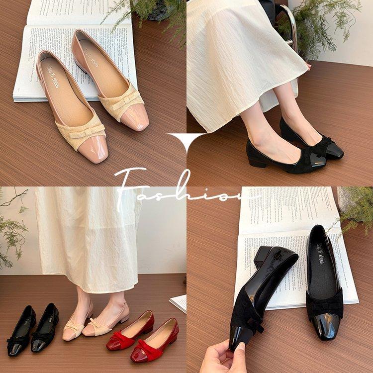 Gentle bow thick heel single shoes women's new square head color matching grandma ladyshoes