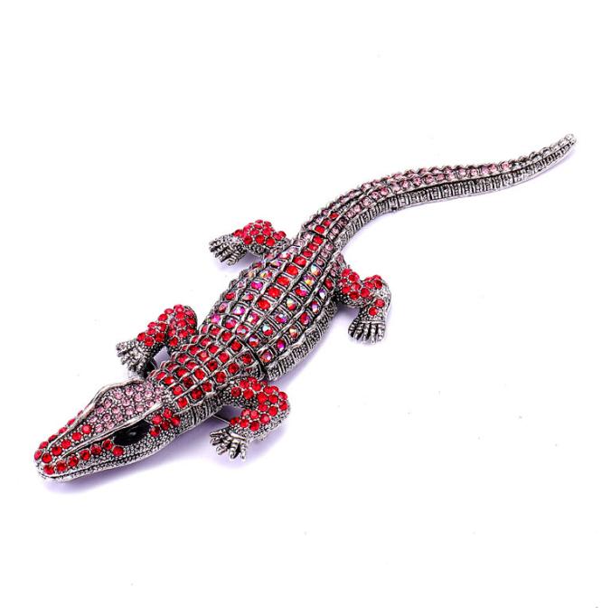 Silver Tone Vintage Crocodile Animal Woman Pendant Brooch Pin Green Rhinestone Gift Women Crystal Alligator Metal Broach Jewelry