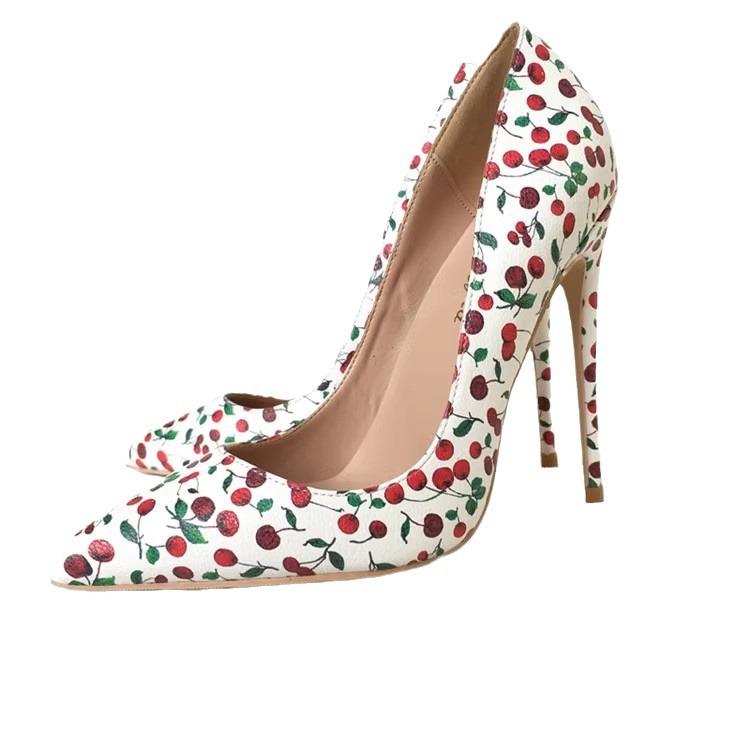 2025 new women's shoes cherry pattern French girl high heels 10CM thin heel soft leather shallow mouth pointed single shoes