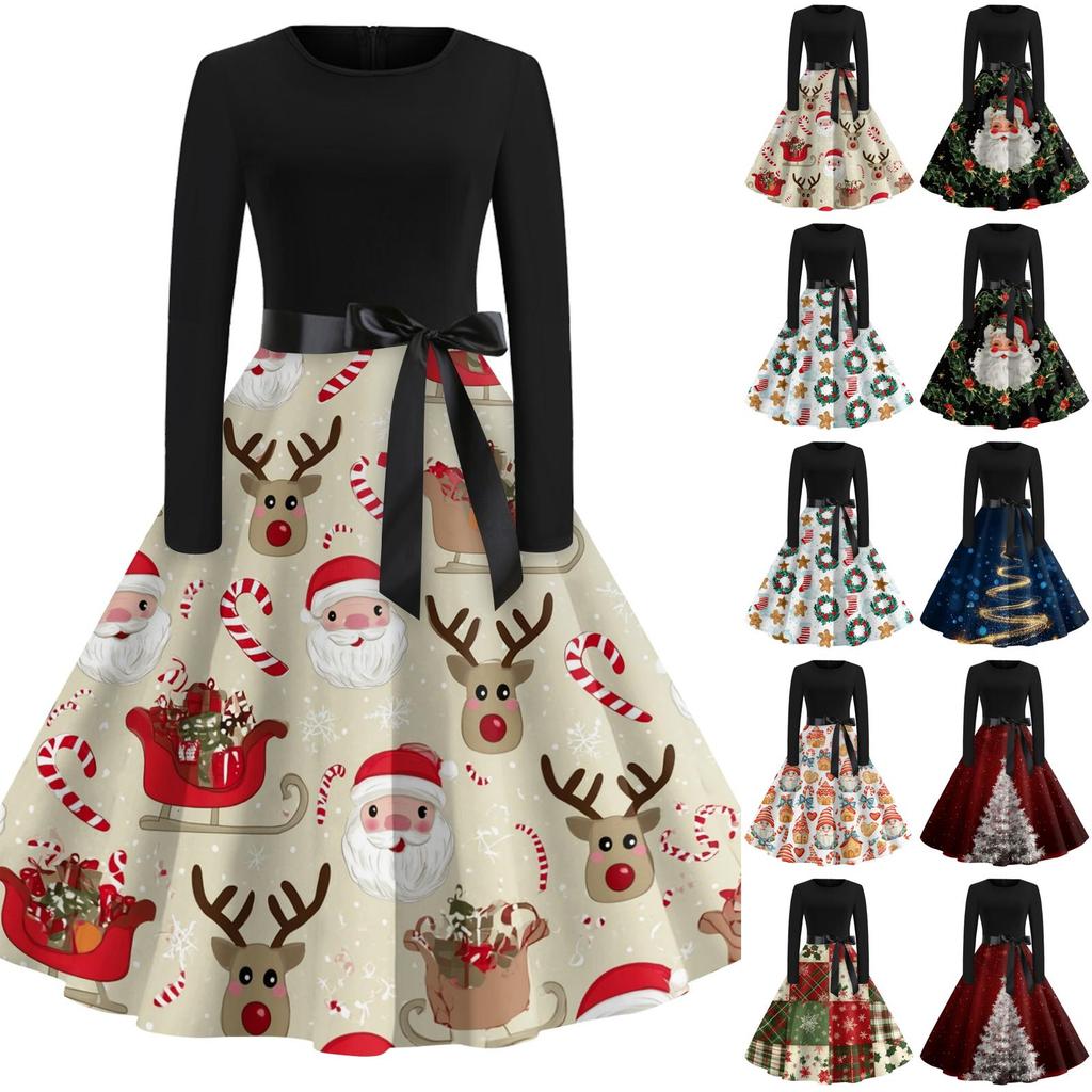 Women's Casual Vintage Christmas Print Neck Dress