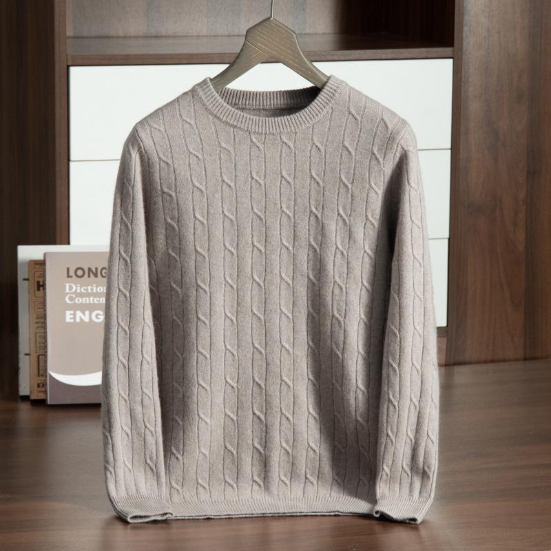 Men's Cashmere Crew Neck Sweater - Thick Cable Knit, Business Casual Loose Fit.