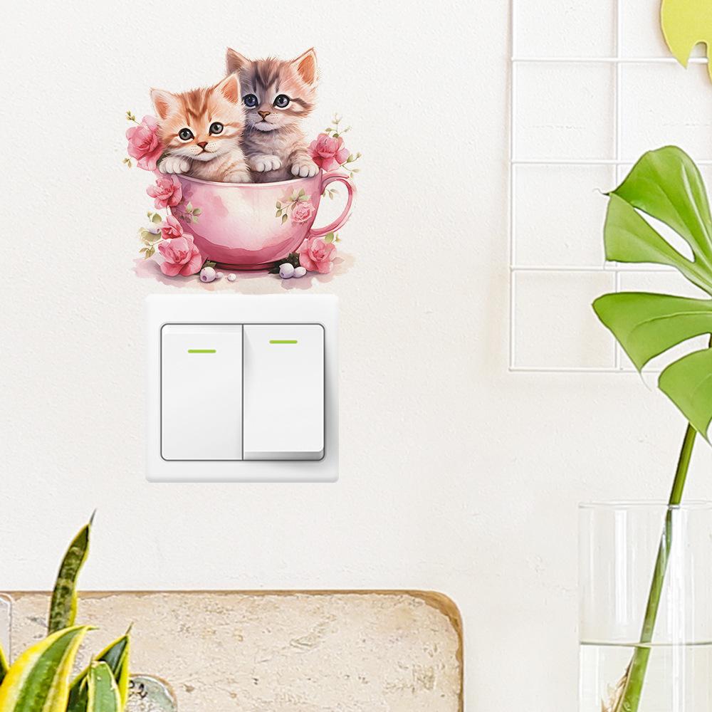 Whimsical Teacup Cat with Flowers Light Switch Stickers Playful Cartoon Decals for Living Room and Hallway Decor