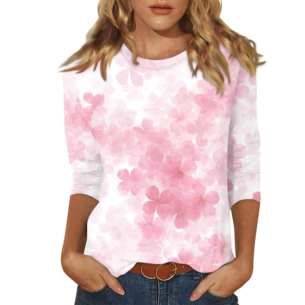 Women's Fashionable Casual Three Quarter Sleeve Printed Round Neck Top