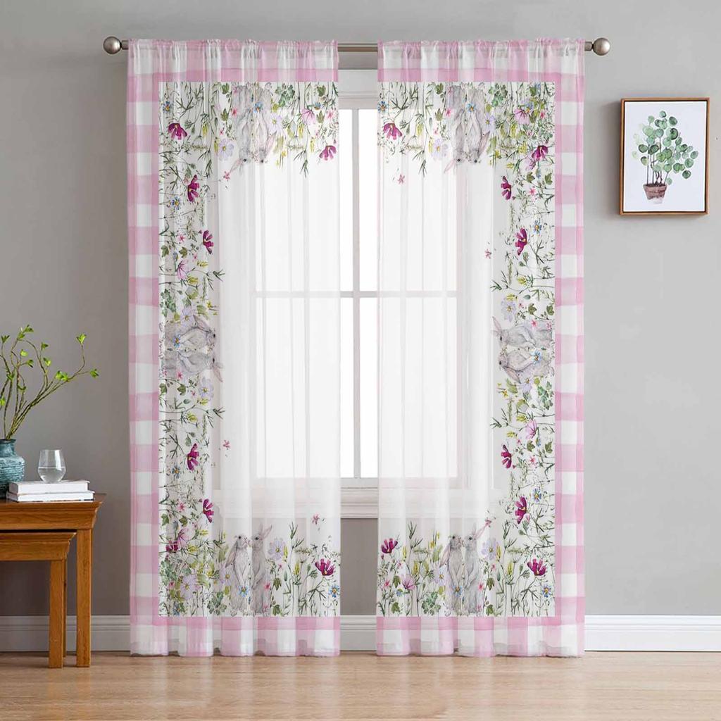Easter Retro Farm Style Bunny Sheer Curtains for Bedroom Living Room Festival Decor Cute Rabbit Kitchen Window Tulle Curtain