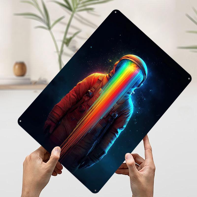 Rainbow Astronaut in Space Metal Poster Customized Wall Art Retro Vintage Tinplate Signs for Office Decoration Room Wand Deko 7.9x11.8In(20x30cm)