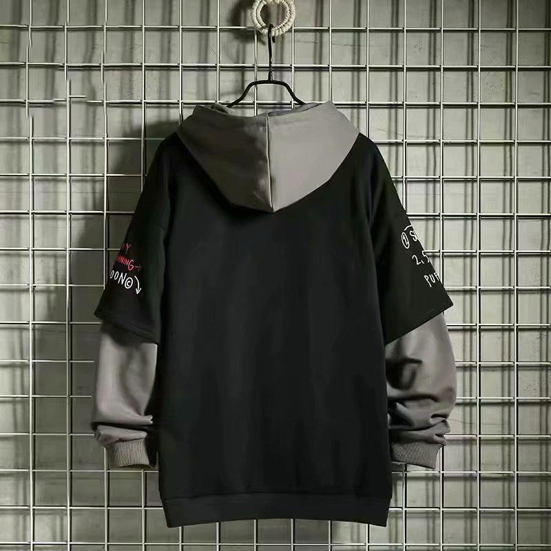 Autunno e Inverno Retro Marea Marca Tendenza Felpa in Pile Finto Due Pezzi da Uomo Ins Abbinamento Colori Versione Coreana Felpa con Cappuccio Larga