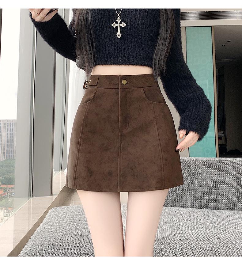 Plus-size Coffee Deer Suede High Waist A-line Mini Skirt for Women - Spring/Autumn, Anti-exposure, Slimming, Hip-hugging Fit