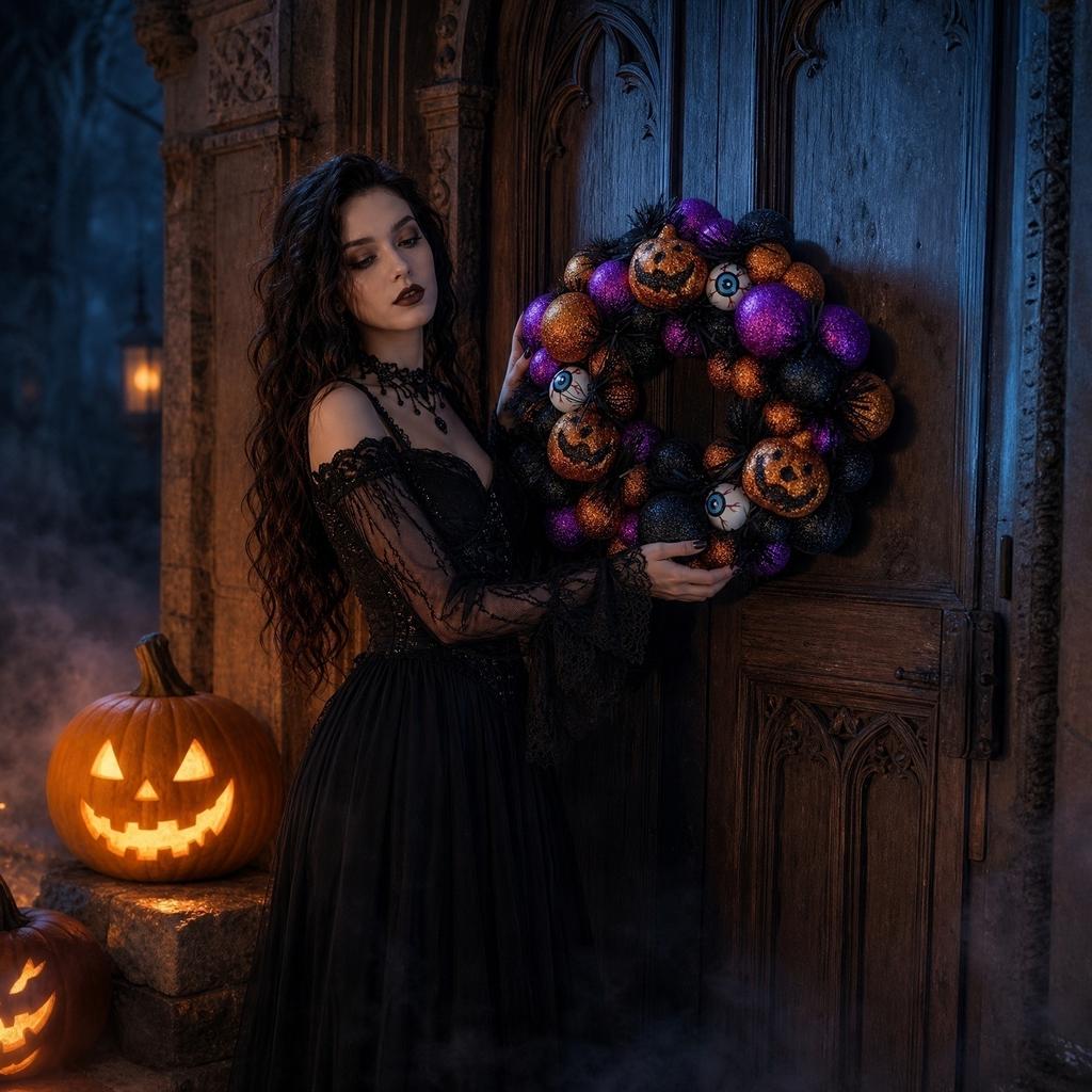 30cm Halloween Blow Mold Pumpkin Eyes Wreath Home Decoration Artificial Flower Ring Indoor Outdoor Seasonal Ornament for Door Wall