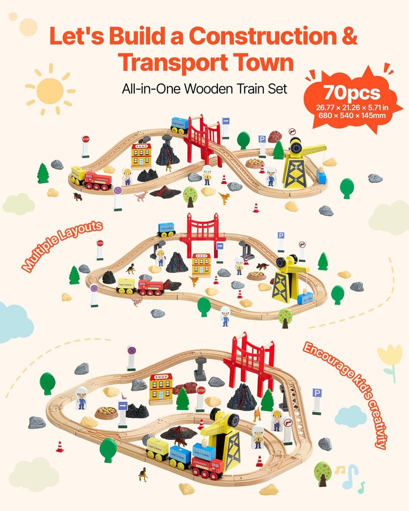 70PCS Wooden Train Set, with Magnetic Crane, Wood Train Track Toy for Kids Ages 3-8, Construction Crane Railway Set, Compatible with Major Brands,