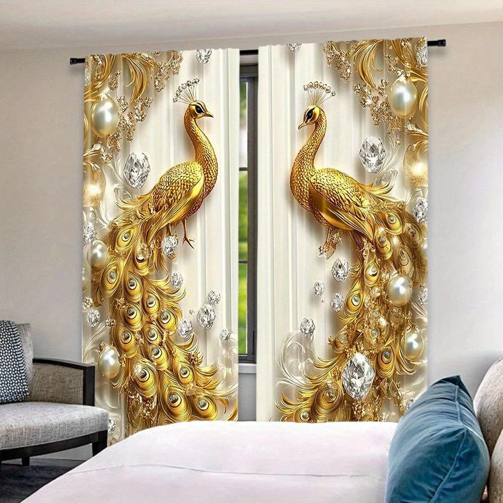 Set Of 2 Golden Peacock Design Printed Curtains Pole Bag Bedroom Living Room Home Decoration Made Polyester Great Window Treatment
