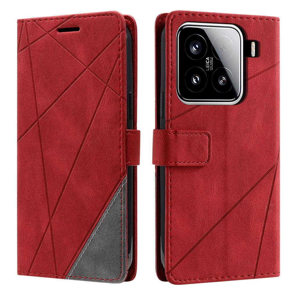 For Xiaomi 15 Case Imprinted Lines PU Leather Splicing Wallet Phone Cover with Wrist Strap