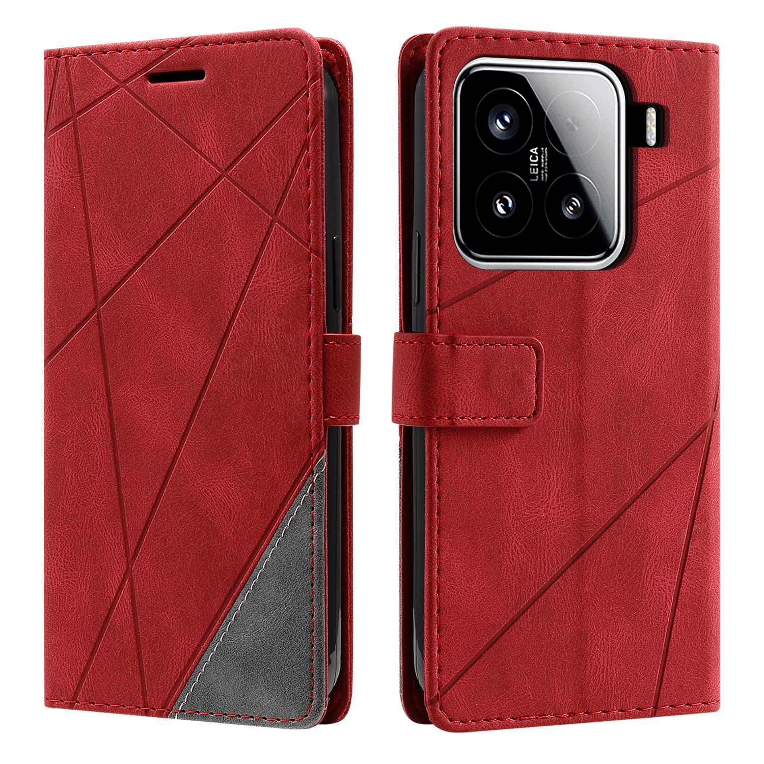 

For Xiaomi 15 Case Imprinted Lines PU Leather Splicing Wallet Phone Cover with Wrist Strap Red