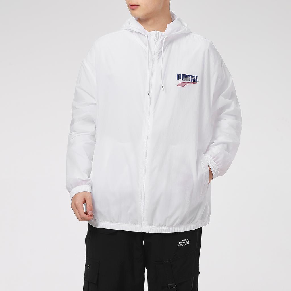Puma Logo Print Sports Windbreaker Hooded Jacket Men Outerwear White 531487-02