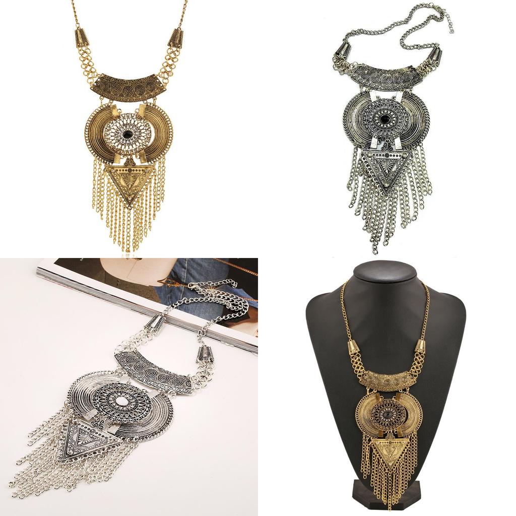 Tassel Long Necklace With Multi Layer Alloy Pendant For Trendy Outfits Retro