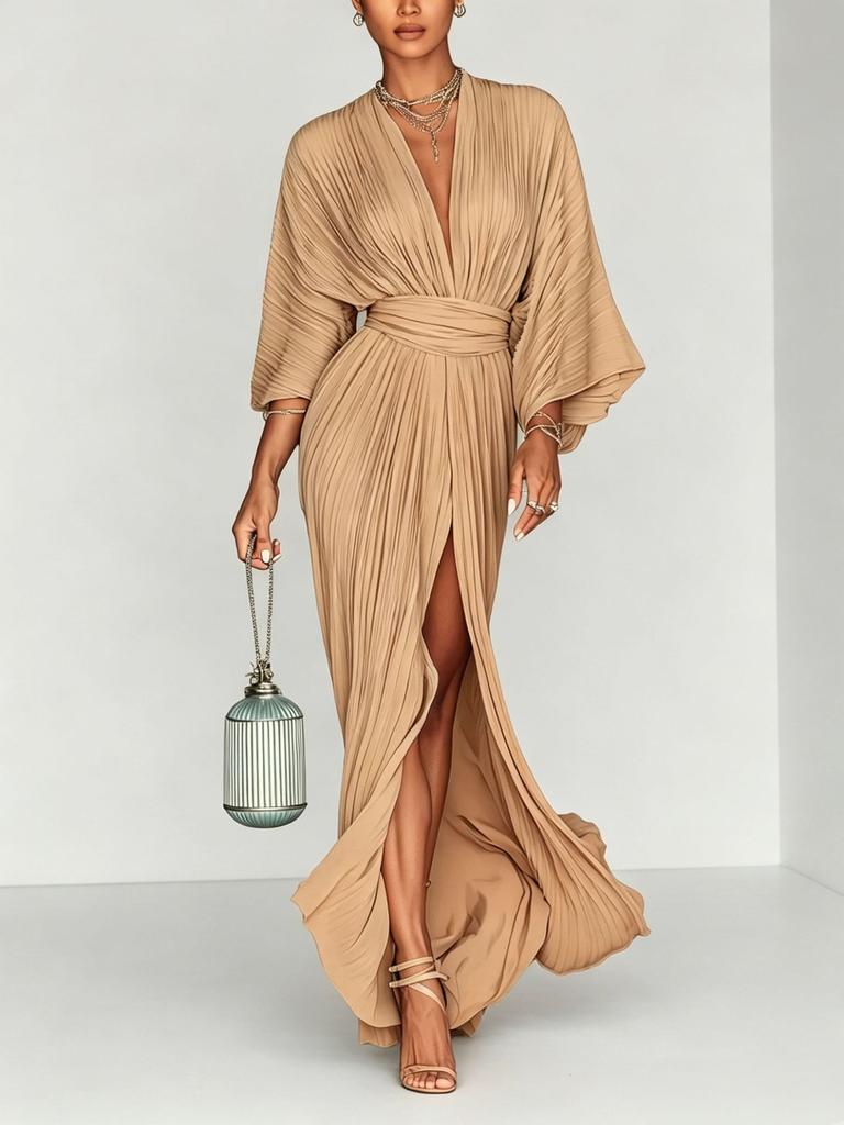 2026 European and American women's fashion dress pleated evening dress elegant split temperament long dress