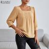 ZANZEA Dames Vierkante Hals Zomer Casual 3/4 Mouw Effen Blouse
