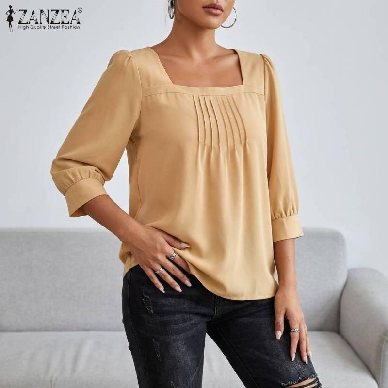 ZANZEA Dames Vierkante Hals Zomer Casual 3/4 Mouw Effen Blouse