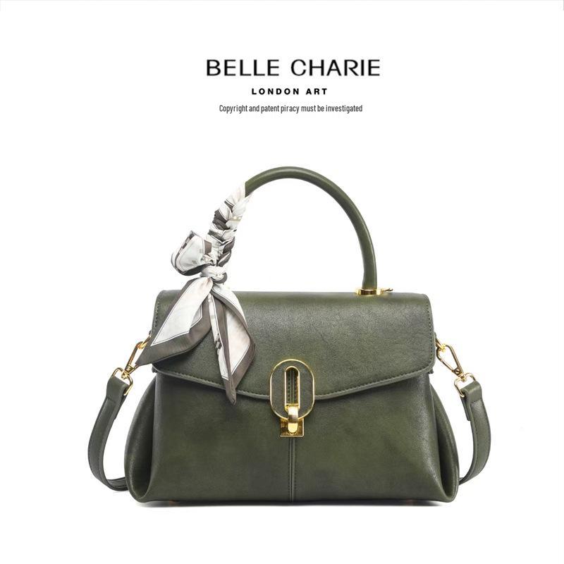 Retro Olive Green Genuine Leather Crossbody Bag with Scarf