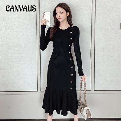 Herbst Damen Rundhals Hepburn Taillen Fischschwanz Strickkleid