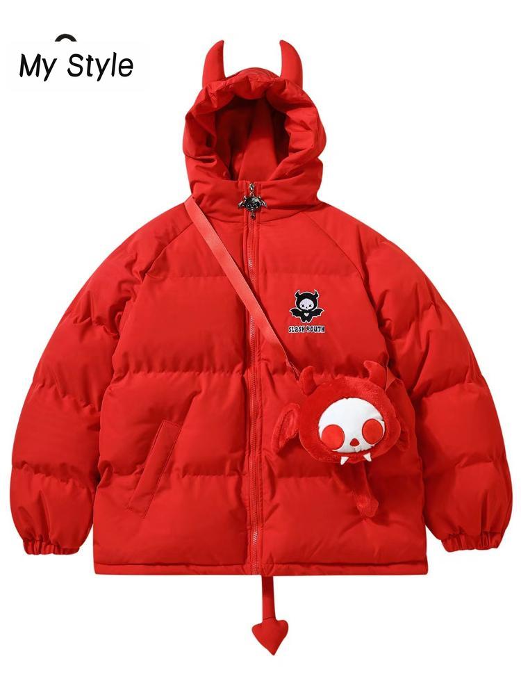

Женская мода, зимняя однотонная куртка с длинным рукавом и капюшоном с узором «Маленький дьявол», модная хлопковая куртка, женское зимнее модное пальто