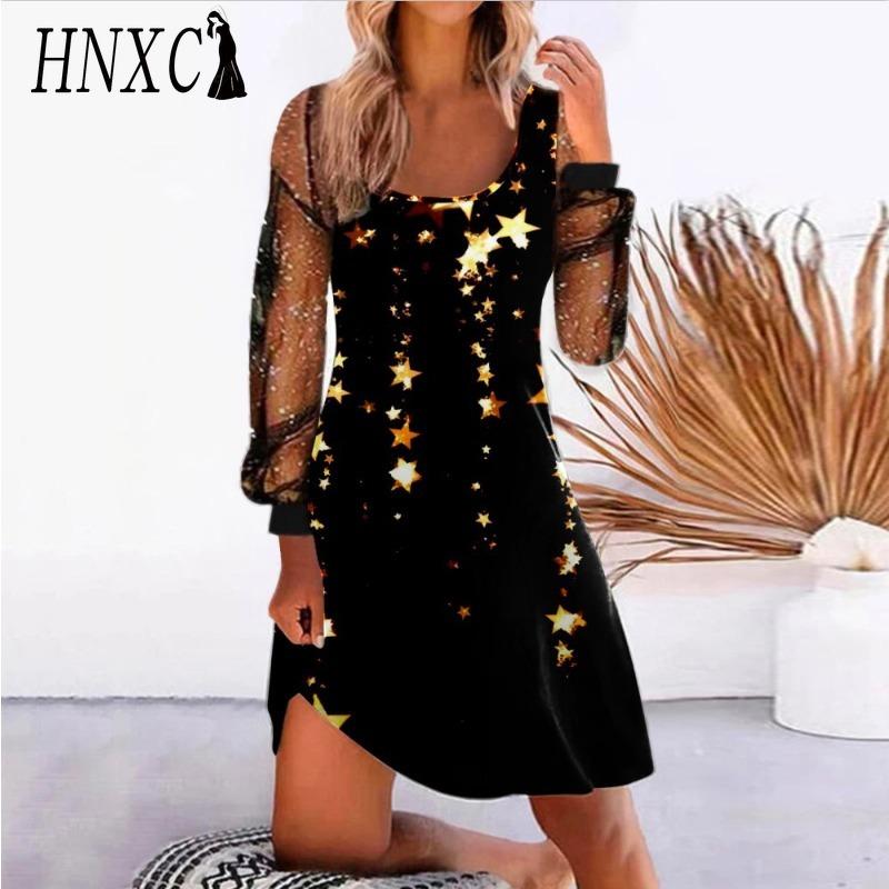 HNXC Damenmode Frühling Herbst Einfarbig Druck Langarm U-Ausschnitt Hohe Taille Freizeitkleider