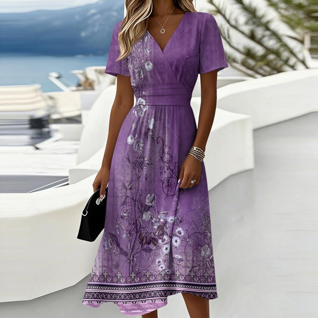 Damen-Kleid mit Blumenmuster, lässig und modisch, kurzärmelig, V-Ausschnitt