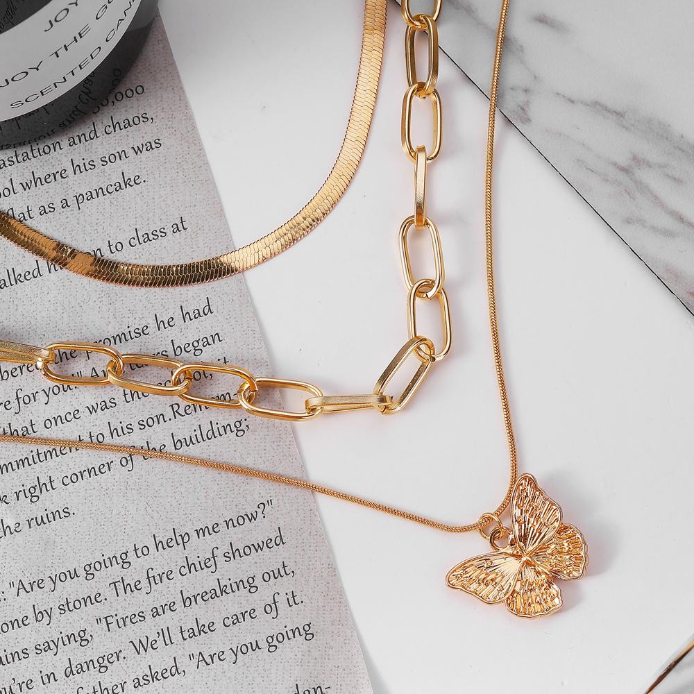 Fashion Butterfly Elegant Pendant Women's Charm Hollowed Out Jewelry Student Necklace Three Piece Set