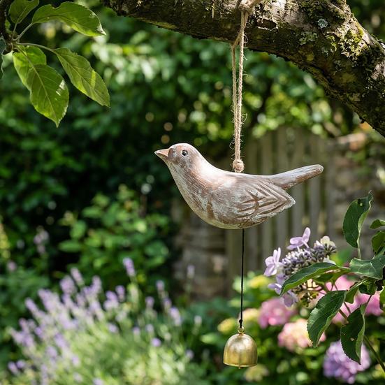 Rustic Wood Bird Wind Chime Vintage Bird Sculpture Hanging Bell Pendant for Farmhouse Patio