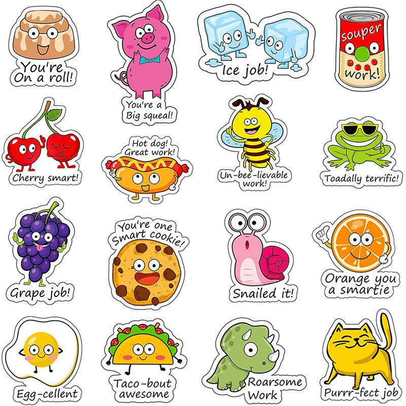 56pcs Mixed English Inspirational Cartoon Sticker Good Job Excellent Cute Animal Stickers Funny Punny Rewards Sticker