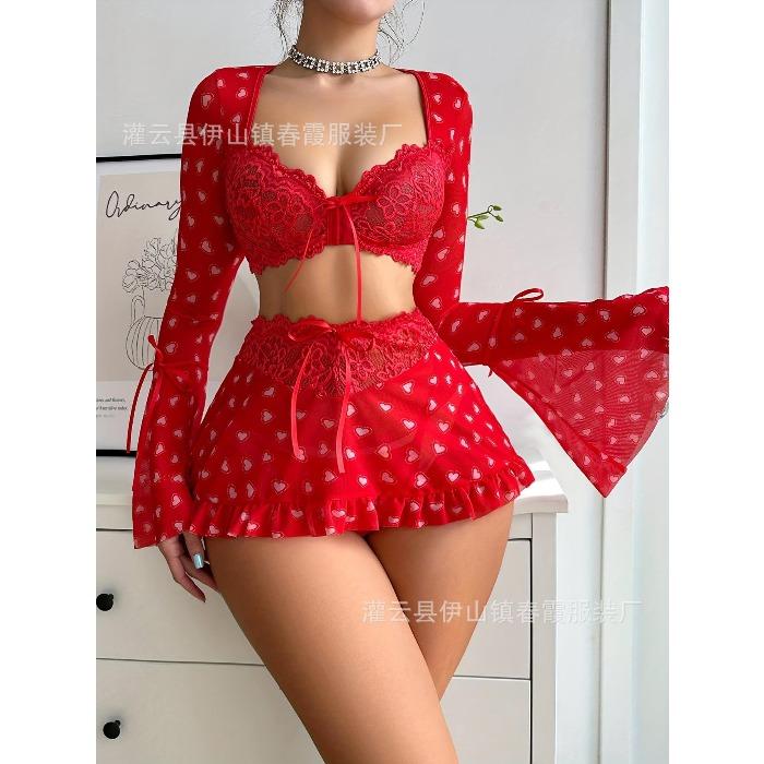 Новый, сексуальный кружевной костюм-пижама, эротическое нижнее белье, женский костюм с длинным рукавом и короткой юбкой S красный