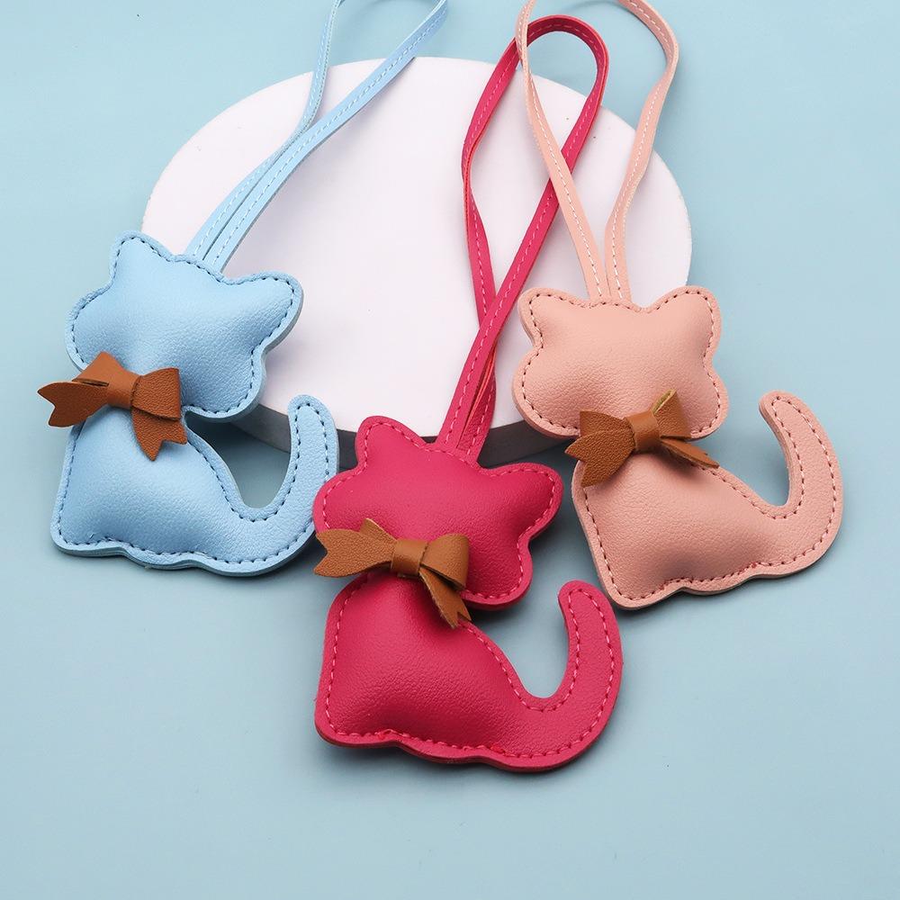 New PU Leather Kitten Bag Charm with Bow Cute Cartoon Animal Cat Pendant for Women's Handbags Small Gift