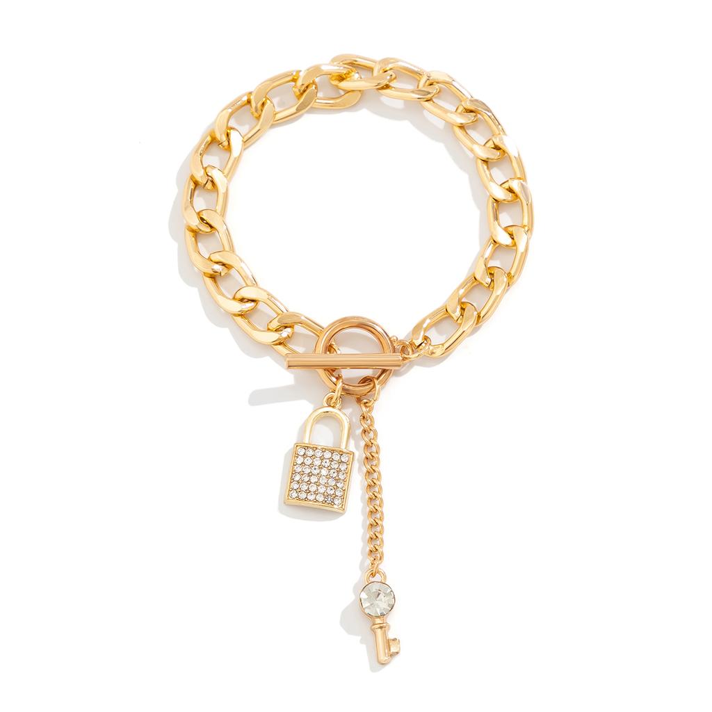 Salircon Steampunk Metal Thick Chain Bracelet Women's Exquisite Rhinestone Lock Key Pendant Buckle Bracelet Trendy Jewelry Gifts