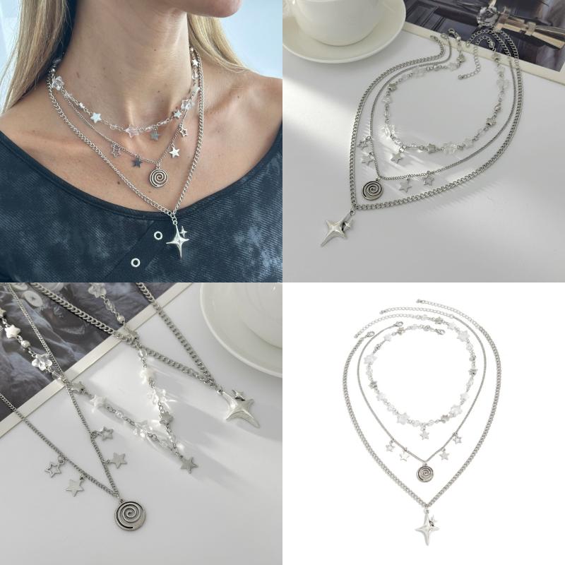 Fashion Metal Star Pendant Necklace For Women Punk Hip Hop Silver Color Multi Layered Pentagram Tassel Necklace Y2K Jewelry Gift