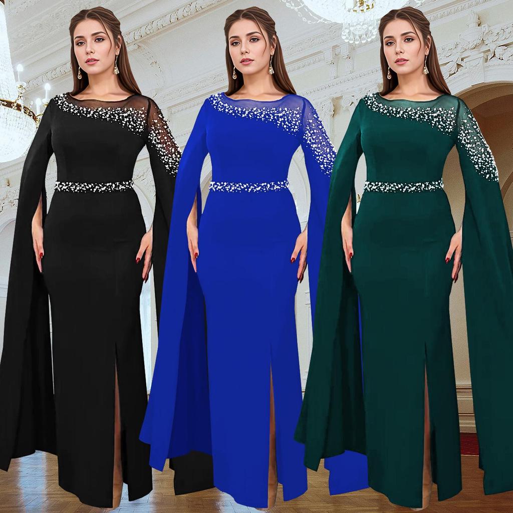 Europäische & Amerikanische Mode Perlenumhangärmel Abendkleid mit Hot Drilling